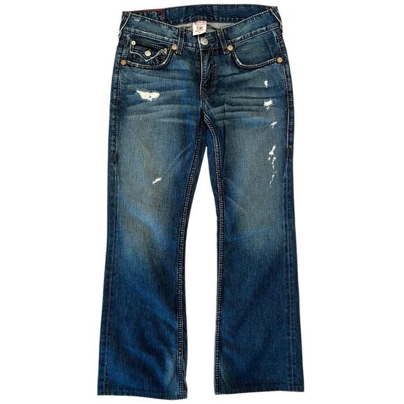 True Religion Billy Giant Big T Grey & Navy Blue Stitch Bootcut Y2K Rare Jeans - Picture 3 of 5